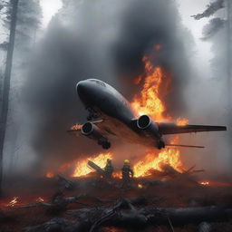 An image of a hyper-realistic digital art displaying a scene of a plane crash, engulfed in flames, in the midst of a dark and foggy forest