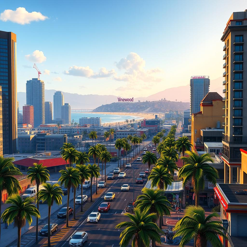 A detailed and vibrant background scene inspired by Grand Theft Auto V, featuring a sprawling urban landscape with a blend of modern skyscrapers and rustic buildings