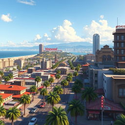 A detailed and vibrant background scene inspired by Grand Theft Auto V, featuring a sprawling urban landscape with a blend of modern skyscrapers and rustic buildings
