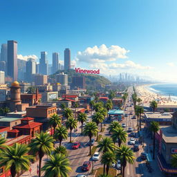 A detailed and vibrant background scene inspired by Grand Theft Auto V, featuring a sprawling urban landscape with a blend of modern skyscrapers and rustic buildings