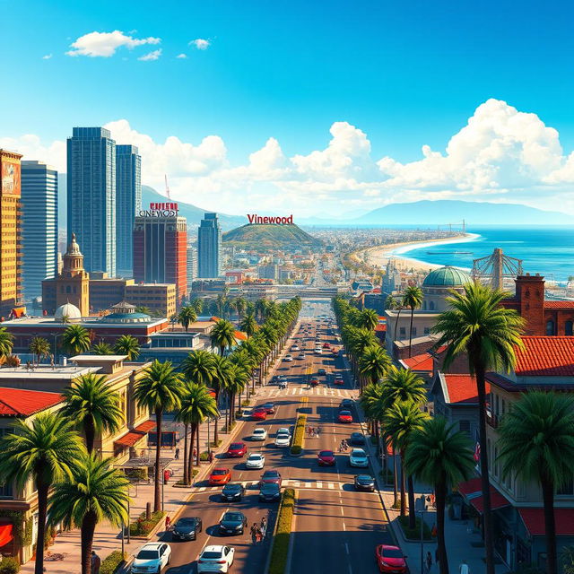 A detailed and vibrant background scene inspired by Grand Theft Auto V, featuring a sprawling urban landscape with a blend of modern skyscrapers and rustic buildings