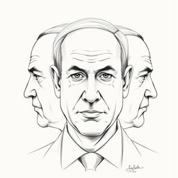A unique three-sided sketch portrait of Benjamin Netanyahu, featuring a close-up view of his face from three angles simultaneously, showcasing his distinct features such as his sharp jawline, prominent nose, and expressive eyes