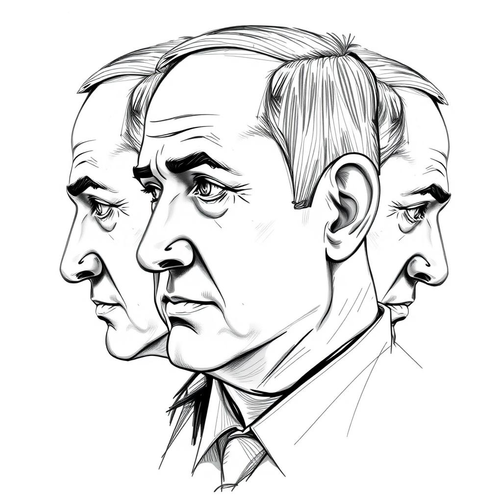 A unique three-sided sketch portrait of Benjamin Netanyahu, featuring a close-up view of his face from three angles simultaneously, showcasing his distinct features such as his sharp jawline, prominent nose, and expressive eyes