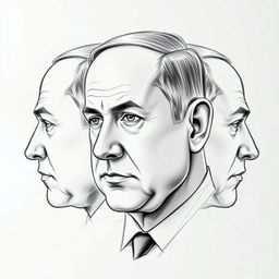 A unique three-sided sketch portrait of Benjamin Netanyahu, featuring a close-up view of his face from three angles simultaneously, showcasing his distinct features such as his sharp jawline, prominent nose, and expressive eyes