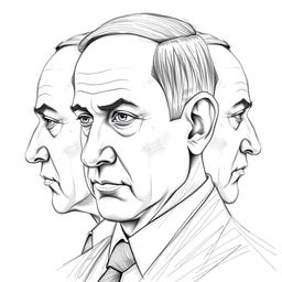 A unique three-sided sketch portrait of Benjamin Netanyahu, featuring a close-up view of his face from three angles simultaneously, showcasing his distinct features such as his sharp jawline, prominent nose, and expressive eyes