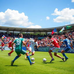A dynamic scene of a vibrant football (soccer) match, featuring two competitive teams in action on a lush green pitch
