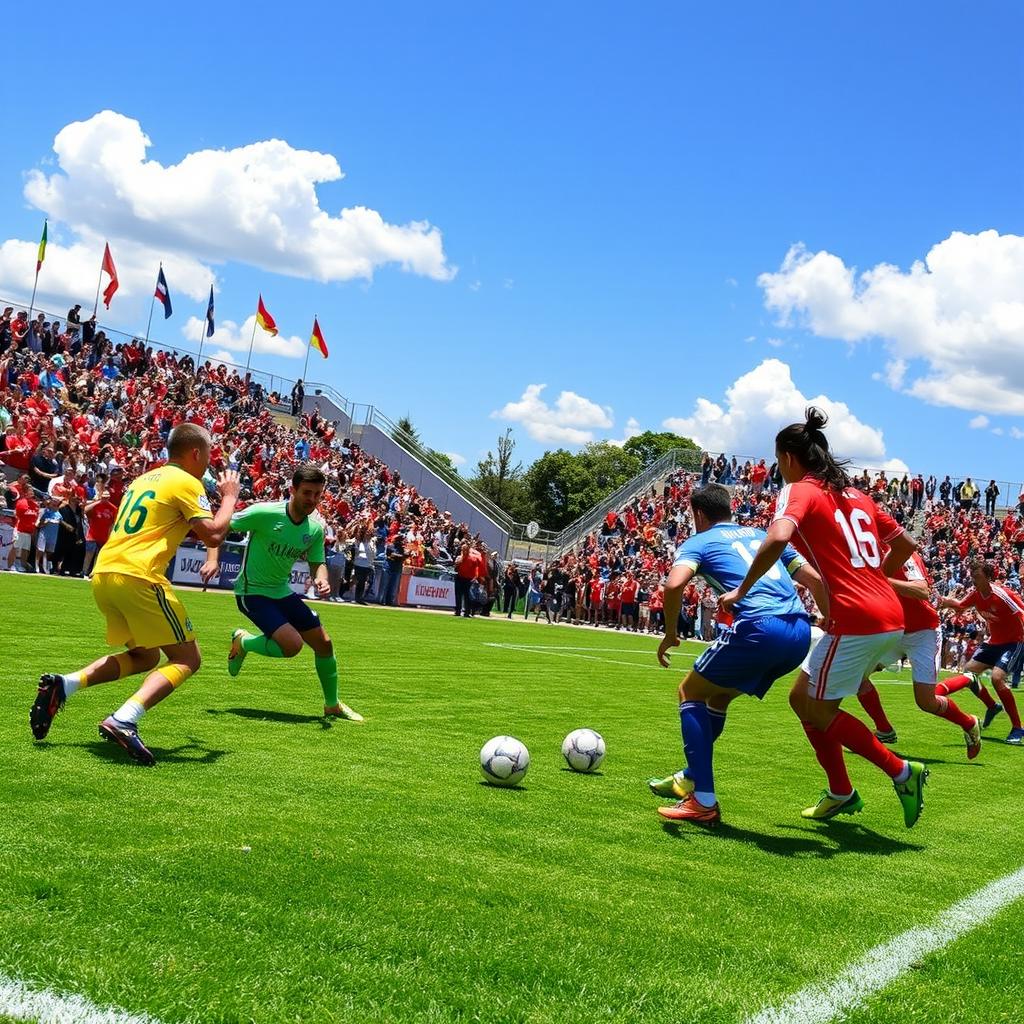 A dynamic scene of a vibrant football (soccer) match, featuring two competitive teams in action on a lush green pitch