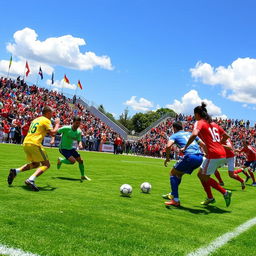 A dynamic scene of a vibrant football (soccer) match, featuring two competitive teams in action on a lush green pitch