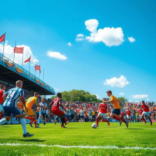 A dynamic scene of a vibrant football (soccer) match, featuring two competitive teams in action on a lush green pitch