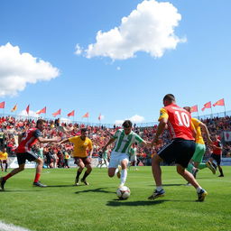 A dynamic scene of a vibrant football (soccer) match, featuring two competitive teams in action on a lush green pitch