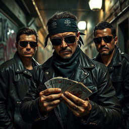 A dramatic scene depicting a member of the Mexican Mafia, wearing a dark bandana and sunglasses, showing a tough demeanor
