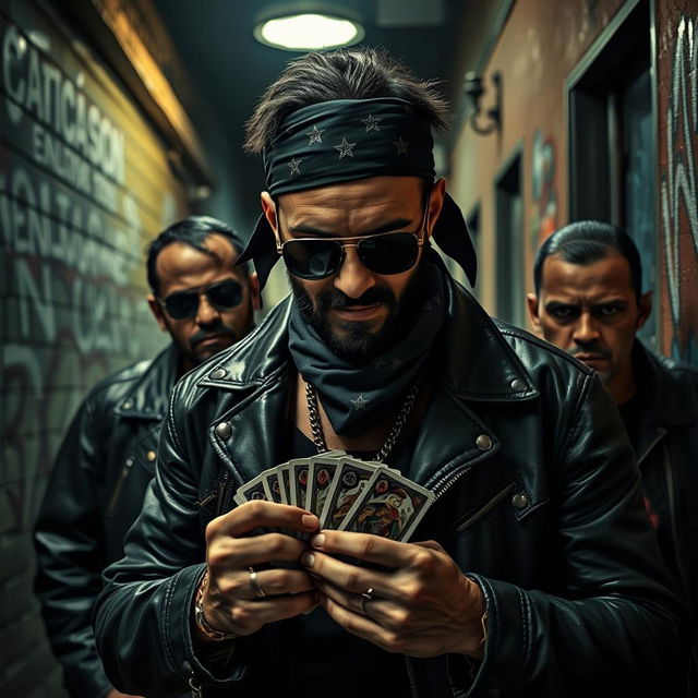 A dramatic scene depicting a member of the Mexican Mafia, wearing a dark bandana and sunglasses, showing a tough demeanor