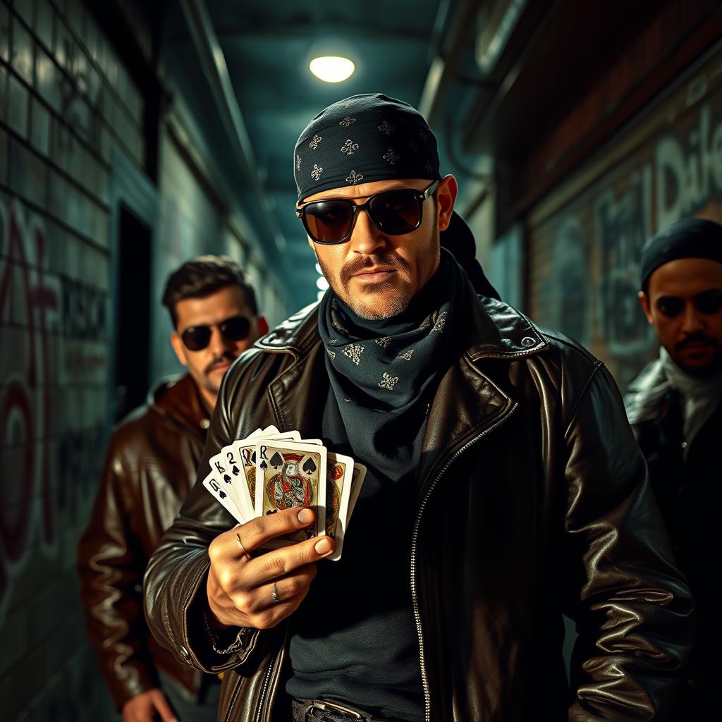 A dramatic scene depicting a member of the Mexican Mafia, wearing a dark bandana and sunglasses, showing a tough demeanor