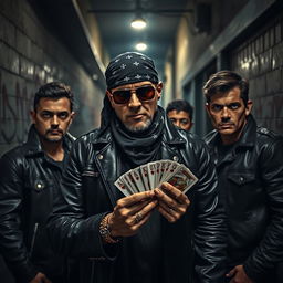 A dramatic scene depicting a member of the Mexican Mafia, wearing a dark bandana and sunglasses, showing a tough demeanor