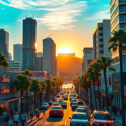 A vibrant and bustling city scene in Los Santos, showcasing the iconic skyline filled with modern skyscrapers, palm trees, and an expansive beach landscape