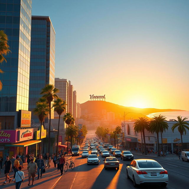 A vibrant and bustling city scene in Los Santos, showcasing the iconic skyline filled with modern skyscrapers, palm trees, and an expansive beach landscape