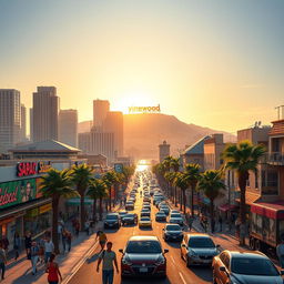 A vibrant and bustling city scene in Los Santos, showcasing the iconic skyline filled with modern skyscrapers, palm trees, and an expansive beach landscape