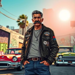 A 50-year-old Mexican man with a large mustache, styled in the manner of a gang member from the Grand Theft Auto 5 universe