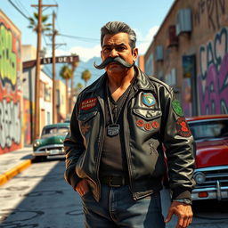 A 50-year-old Mexican man with a large mustache, styled in the manner of a gang member from the Grand Theft Auto 5 universe