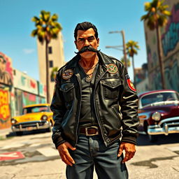 A 50-year-old Mexican man with a large mustache, styled in the manner of a gang member from the Grand Theft Auto 5 universe