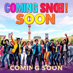 A vibrant and lively poster depicting a gathering of popular Hollywood singers in Tehran, set against the majestic backdrop of the Azadi Tower