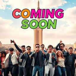 A vibrant and lively poster depicting a gathering of popular Hollywood singers in Tehran, set against the majestic backdrop of the Azadi Tower