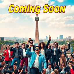 A vibrant and lively poster depicting a gathering of popular Hollywood singers in Tehran, set against the majestic backdrop of the Azadi Tower
