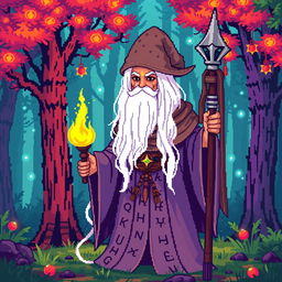 A pixel art wizard with long white hair cascading over his shoulders, wearing a flowing robe adorned with magical runes