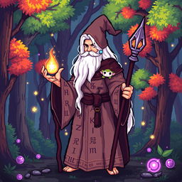 A pixel art wizard with long white hair cascading over his shoulders, wearing a flowing robe adorned with magical runes