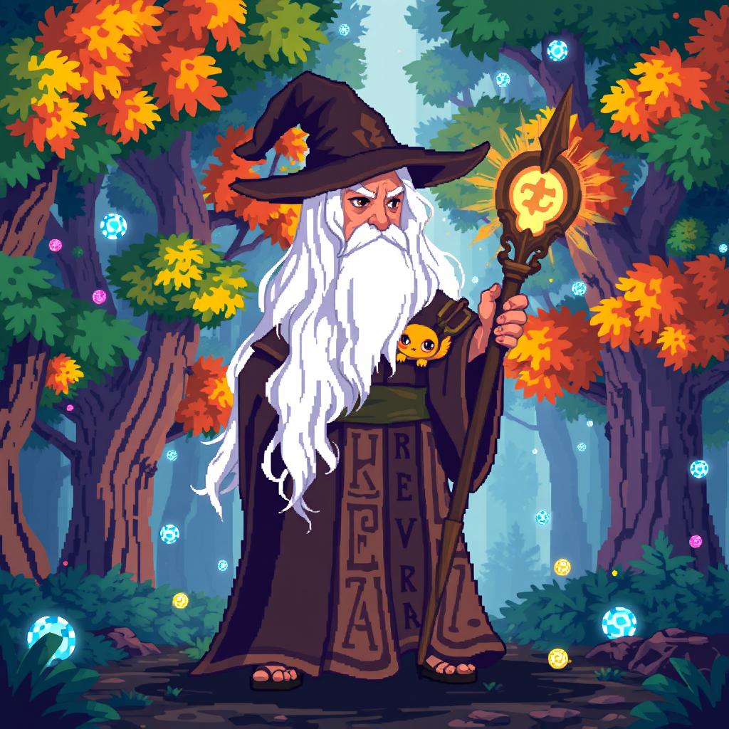 A pixel art wizard with long white hair cascading over his shoulders, wearing a flowing robe adorned with magical runes