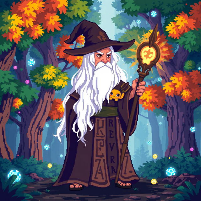 A pixel art wizard with long white hair cascading over his shoulders, wearing a flowing robe adorned with magical runes