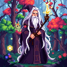A pixel art wizard with long white hair cascading over his shoulders, wearing a flowing robe adorned with magical runes