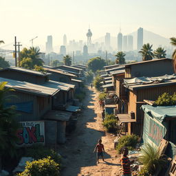 An impactful scene depicting a bidonville (shantytown) in Los Santos, showcasing makeshift homes crafted from scrap materials, colorful tarps, and interconnected pathways