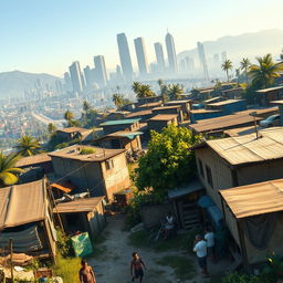 An impactful scene depicting a bidonville (shantytown) in Los Santos, showcasing makeshift homes crafted from scrap materials, colorful tarps, and interconnected pathways