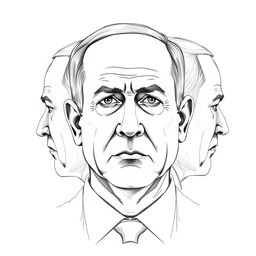 A portrait of Benjamin Netanyahu created using a three-sided sketch technique, displaying his face from three distinct angles simultaneously