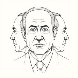 A portrait of Benjamin Netanyahu created using a three-sided sketch technique, displaying his face from three distinct angles simultaneously