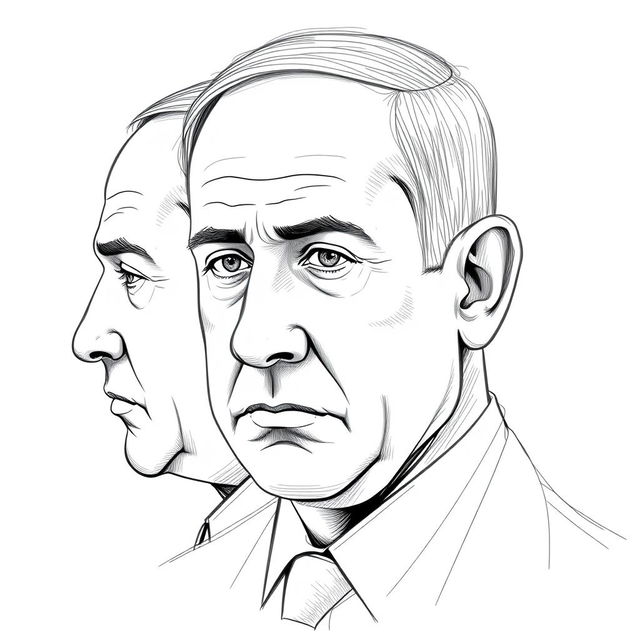 A portrait of Benjamin Netanyahu created using a three-sided sketch technique, displaying his face from three distinct angles simultaneously