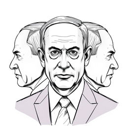 A portrait of Benjamin Netanyahu created using a three-sided sketch technique, displaying his face from three distinct angles simultaneously