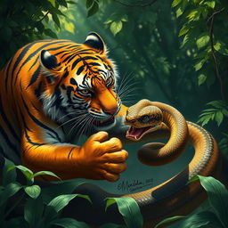 A dramatic scene depicting a fierce tiger engaged in a battle with a large snake in a dense jungle