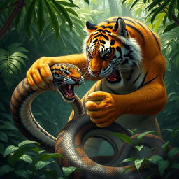 A dramatic scene depicting a fierce tiger engaged in a battle with a large snake in a dense jungle