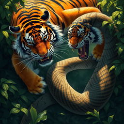 A dramatic scene depicting a fierce tiger engaged in a battle with a large snake in a dense jungle