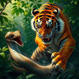 A dramatic scene depicting a fierce tiger engaged in a battle with a large snake in a dense jungle