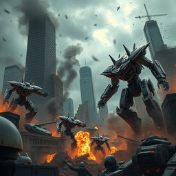 A dystopian scene depicting robots wreaking havoc in a devastated cityscape