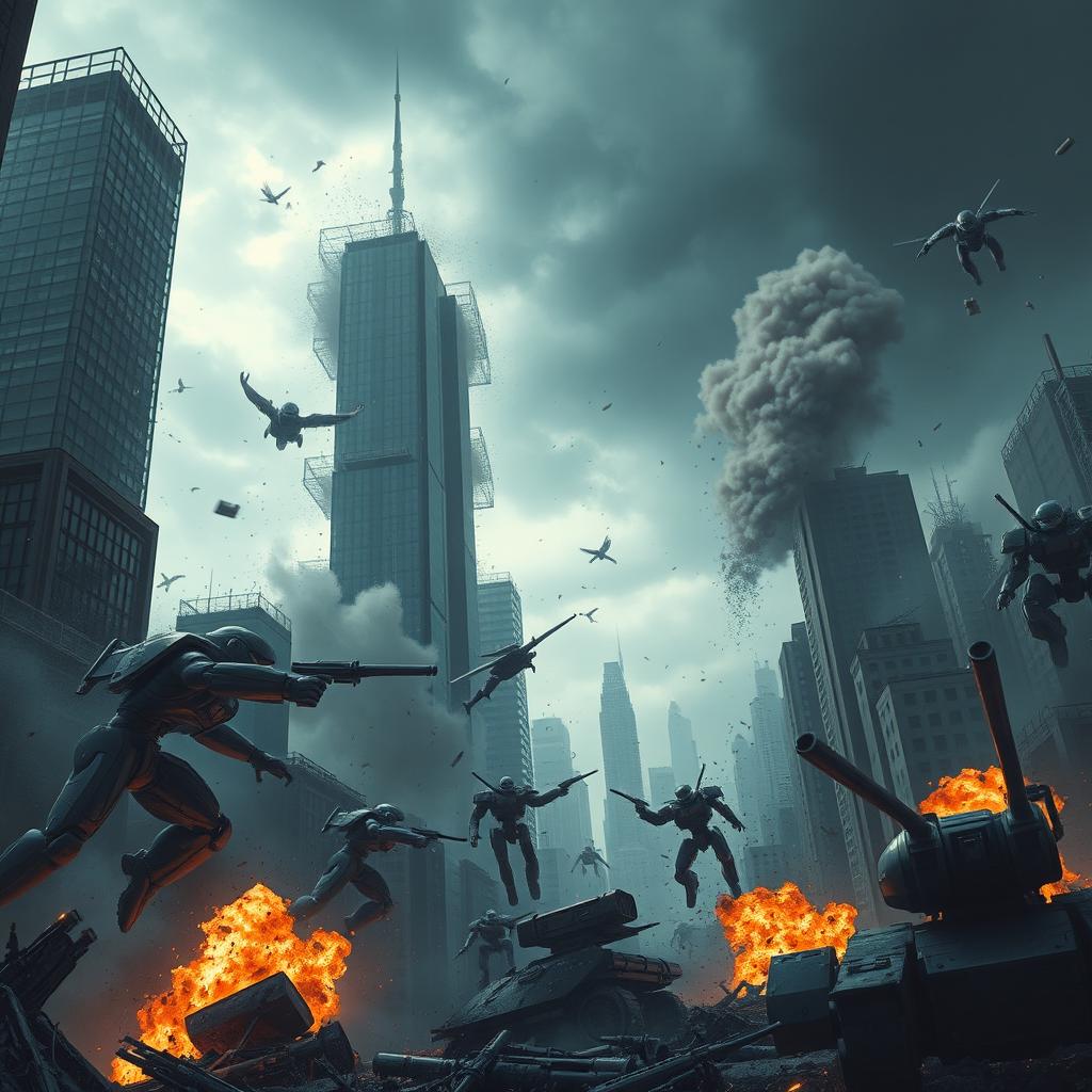 A dystopian scene depicting robots wreaking havoc in a devastated cityscape