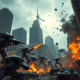 A dystopian scene depicting robots wreaking havoc in a devastated cityscape