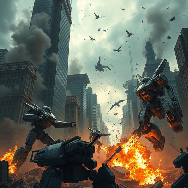 A dystopian scene depicting robots wreaking havoc in a devastated cityscape