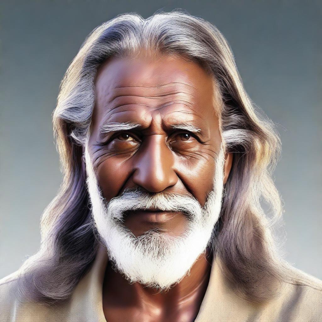 A high-quality, realistic digital art of a handsome, elderly Indian man with long, unkempt hair and beard