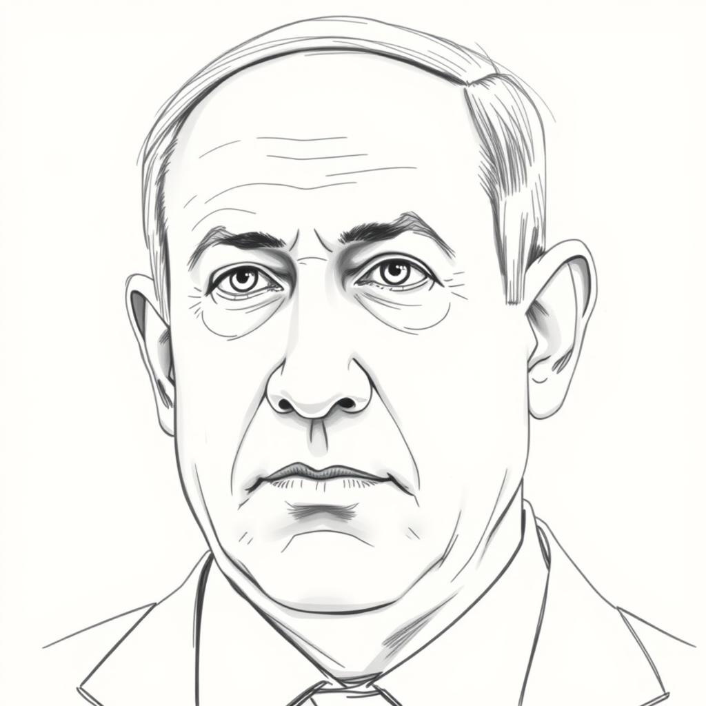 A focused sketch of Benjamin Netanyahu, capturing his likeness with attention to detail