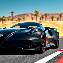 A stunning digital rendering of a black sports car on a race track