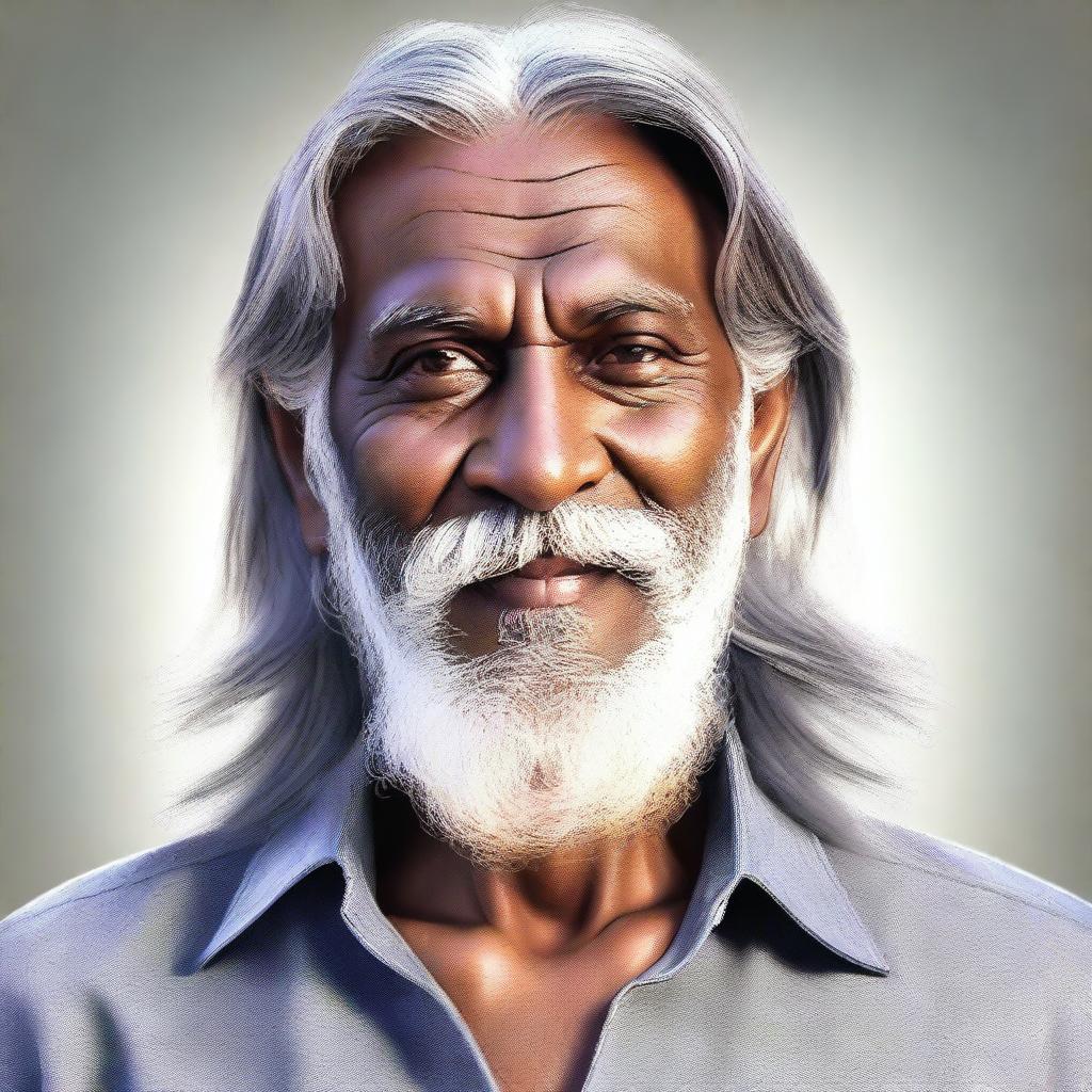 A high-quality, realistic digital art of a handsome, elderly Indian man with long, unkempt hair and beard